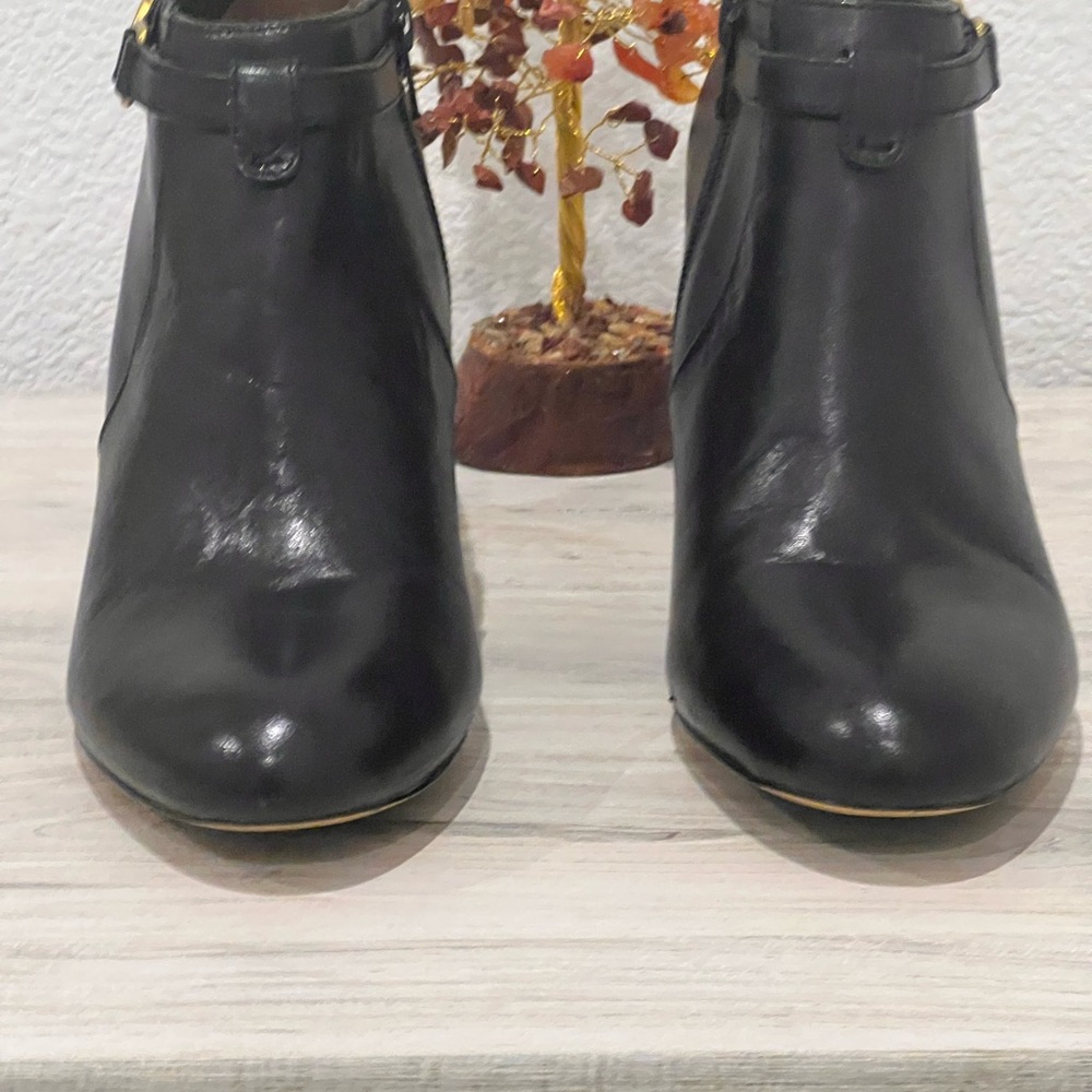 Elegant Coach Black Leather Ankle Booties Heels Gold Logo Harness - Picture 3 of 6